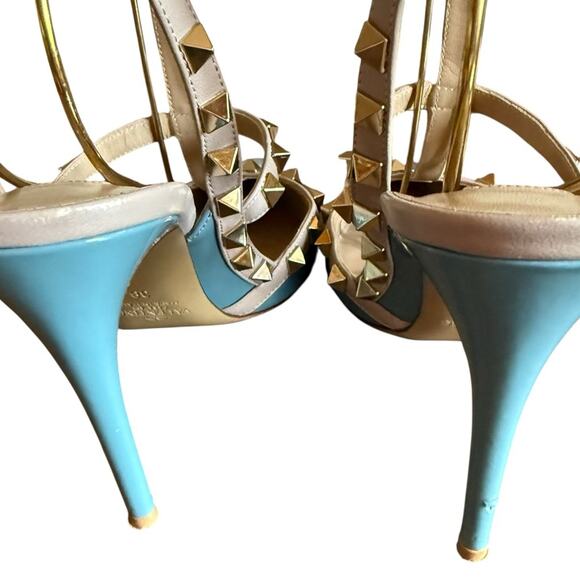 Valentino Garavani Rockstud Blue Ciel Leather T Ankle Strap Pumps EU 38 US 8 - Picture 6 of 14